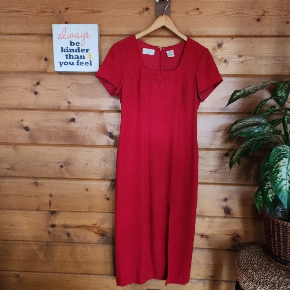 Liz Claiborne 💜Vintage Crepe Red Maxi Dress Slit Embroidered Floral Petite Sz 6
